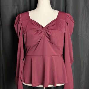 Vintage Wine Square Neck Long Sleeve Peplum Blouse